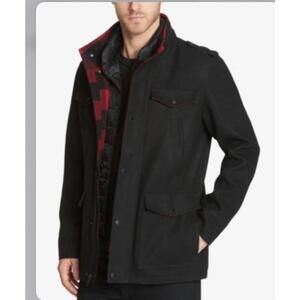 Guess Mens Heavy Wool Blend Jacket Coat XL Black Plaid Military Style